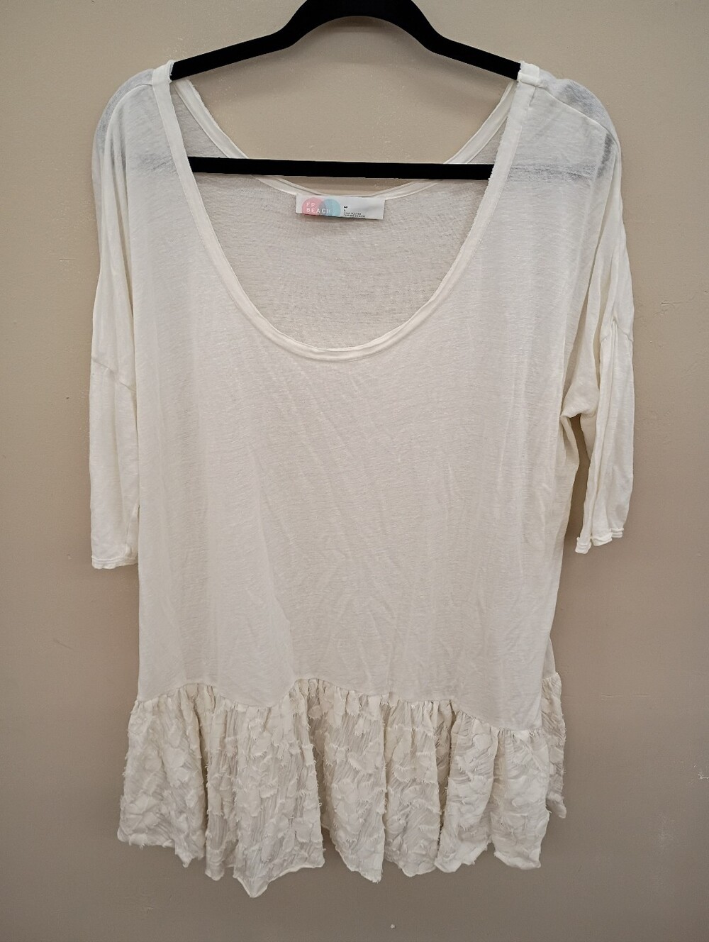 Lightweight Cream Scoop-Neck Ruffle-Hem Tunic Top